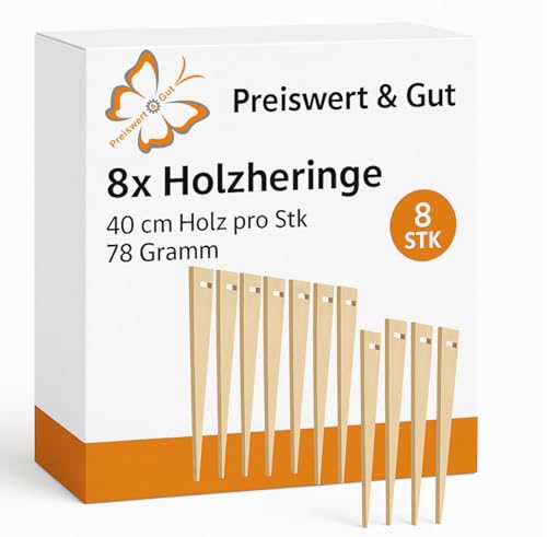 Preiswert&Gut 8X Holzheringe 40 cm Lang aus Holz – pro Stück 78 Gramm Ideal für Sand, Sandheringe in Braun, Schnurhaken Zeltheringe Dicke 1,5cm zum Abspannen von Vorzelt Heringe Camping Zelt