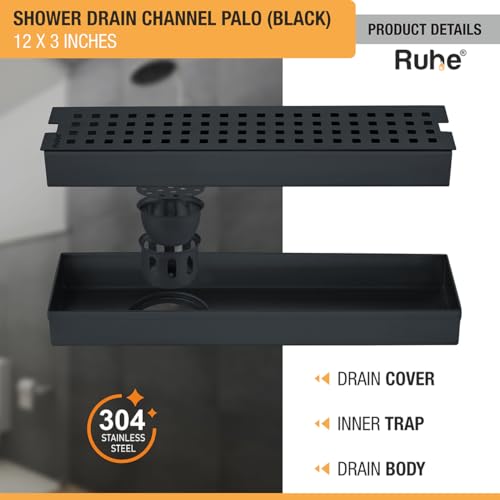 Image of Ruhe Palo 12 x 3 Inches Shower Drain Channel | 304 Stainless Steel Black PVD Coated Shower Water Drain Channel /Waste Water Floor Drain & Side Hole