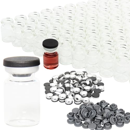 5ml Clear Glass Vials-1-1/2 Dram Clear Glass Headspace Vials with Black Plastic-Aluminum Flip Caps and Rubber Injection Stoppers, 100 Pack, 20mm Flat Bottom Lab Vial