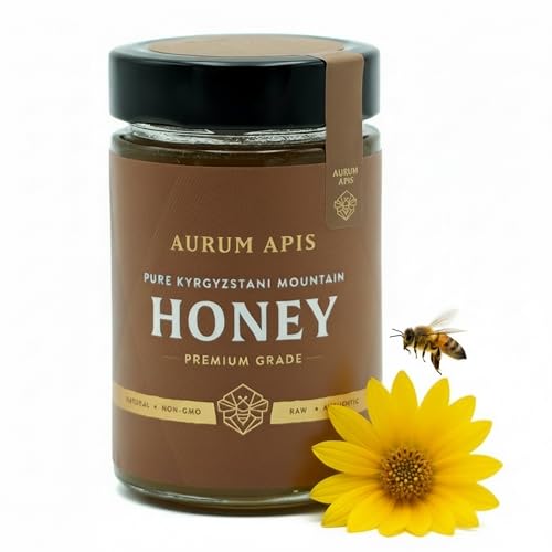 Image of Aurum Apis Raw Kyrgyzstani Mountain Honey - 100% Raw & Unfiltered Pure Honey, Hand-Harvested, Non-GMO, Naturally Sourced Certified Organic Premium Honey - 330g Honey Jar