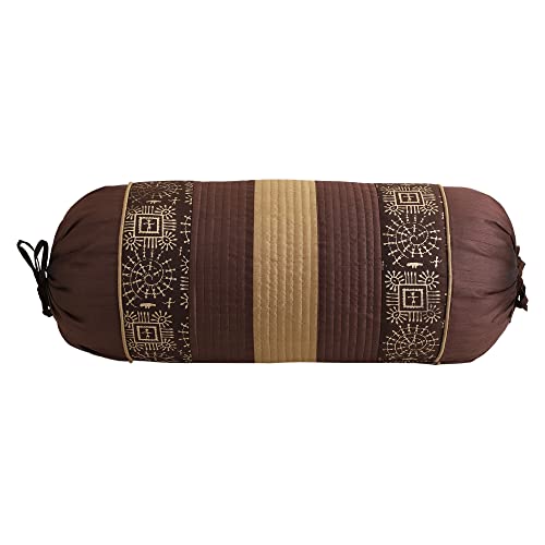 Image of Gifts Island Set of 2 Polyester Silk Traditional Hand-Block Printed & Striped Bolster Covers (Brown)
