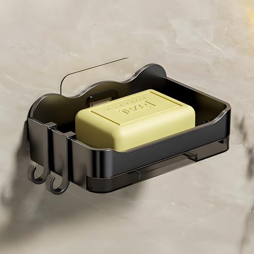 Image of MIORAH Soap Holder for Bathroom | Self Adhesive, No-Drill Holder with Drip Tray | 2 Hooks for Extra Storage