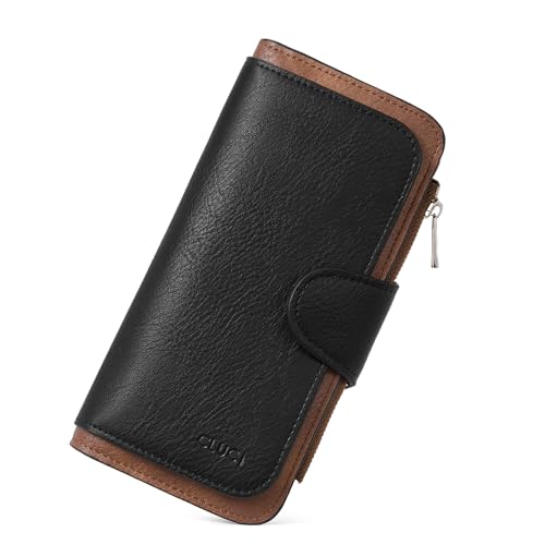 Image of CLUCI Wallet For Women PU Leather RFID Blocking Womens Wallet Bifold Card Holder with ID Window Gifts for Women Birthday, z Black WIth Brown, LARGE, Fashion