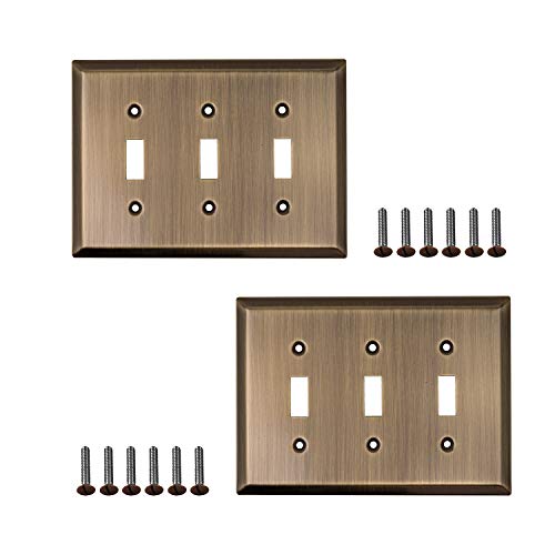 SleekLighting | Wall plates Decorative Classic Antique Brass | Electric Outlet and Switch Covers| Style: 3 Gang Toggle (2 Pack)
