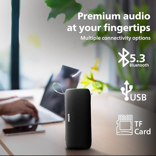 Image of PHILIPS Audio TAS2400GR Portable Bluetooth Speaker with Stereo Sound, 32W RMS, 2400mAh Rechargeable Battery, BT v5.3 Connectivity, IPX4 Waterproof, Supports TF /USB /BT Modes with Hanging Strap (Green)