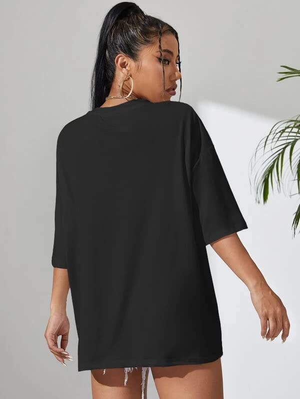 Image of MyTees Pure Cotton Oversized T Shirts for Women Casual Printed Baggy Oversized Round Neck Drop Shoulder Tshirt Black T-Shirt Size S to XL