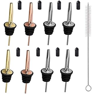 FLOW Barware Spirit Pourers | 8 Spirit Bottle Pourer with Tapered Spout, Caps & Cleaning Brush Set | Bottle Pourers for Spirits Gold, Rose Gold & Silver | Spirit Pourer, Bottle Pourer, Drinks Pourer