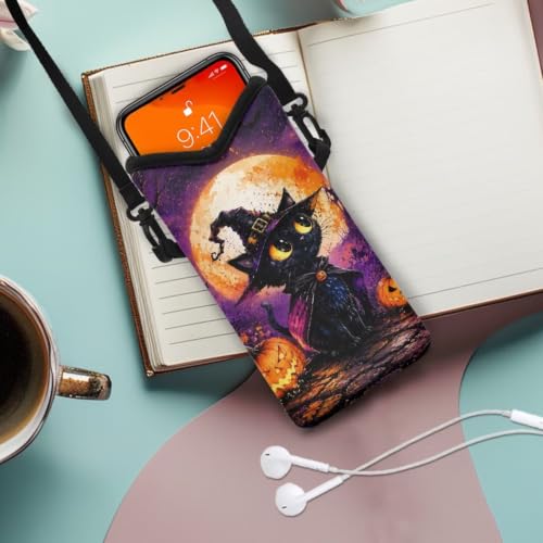 Image of Small Crossbody Bag for Women Men Waterproof Neoprene Phone Pouch with Shoulder Strap Mini Travel Bag for Cellphone Keys Lipstick, Wizard Cat Moon Pumpkin Violet