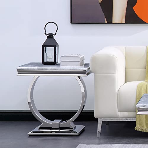 Acedécor Silver End Table Set Of 2, Modern Square Living Room Table With Stylish Silver Mirror Metal U-Base #TOP2