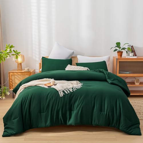 Image of weigelia Queen Comforter Set Boho Emerald Green Comforter with 2Pillowcases Soft Microfiber Dark Green 3 Piece Bedding Comforter Set for All Season