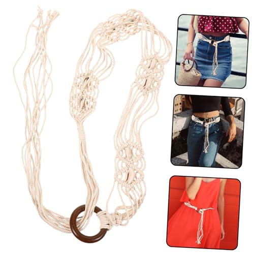 FRCOLOR Boho Handmade Woven Waist Belt for Women with Shell Wood Buckle Decorative Wax Rope Band for Dresses Skirts Jeans Elegant Costume Accessory for Teen and Ladies4