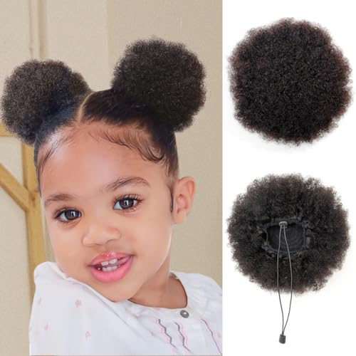 isheeny Afro Puffs Natural Black 2PCS Afro Bun Human Hair Small Drawstring Ponytail For Women, Curly Hairpiece Natural, Soft, And Durable For Repeated Use