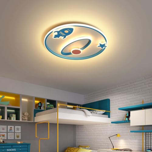 Luz De Techo LED Dimmable con diseño de cohete en hierro azul y control remoto para niños