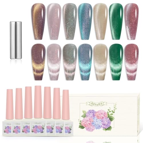 ADHERE Cat Eye Magnetic Gel Polish Set - 7 Colors, 12ml, Holographic Cat Eye, Salon Gel Manicure and Nail Art DIY at Home