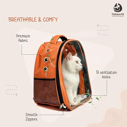 Image of Portable Pet Carrier Backpack for Cats & Small Dogs - Transparent Window, 9 Air Vents, Breathable Mesh, Built-in Safety Leash, Lightweight Travel Bag for Outdoor & Travel (Orange)