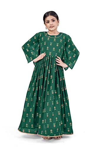Image of Fashion Dream Girls Maxi Length Flared Foil Printed Dress (Dark Green 5-6 Year)