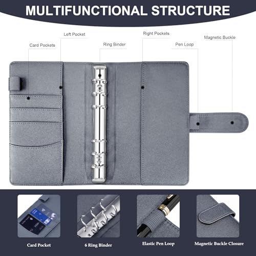 AKONEGE Ringbuch A6 PU-Leder nachfüllbares Notizbuch mit 135 Blatt 6 Löcher A6-Nachfüllpapier, Bindertaschen, Trennblätter, Haftmarkern, Planer-Organizer für Reisen, Arbeit, Schule - Schwarzglitter
