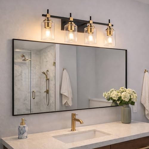 Image of SOLFART Black and Gold Vanity Light,4 Light Modern Vintage Wall Light with Clear Globe, High-End Bathroom Light Fixtures Over Mirror, Easy to Install (Bulbs Not Included)