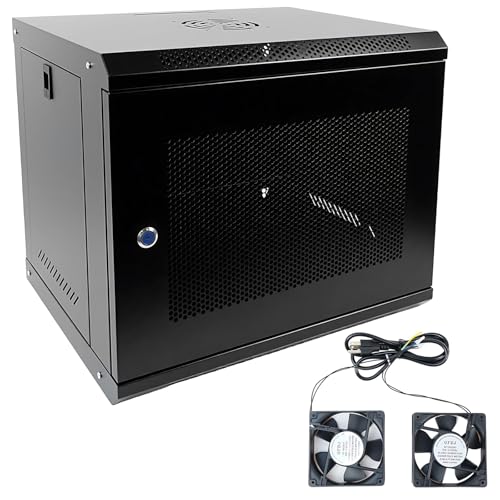WUDLEP 9U Data Server Rack Wall Mount Server Cabinet with Lockable Mesh Door and 2 AC Fans 53x40x45cm Standard Rack for Home Office Computer Audio Black
