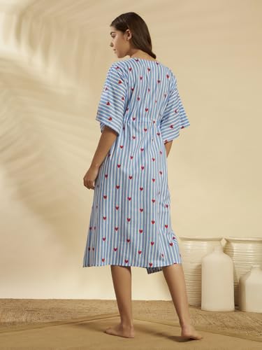 Image of Ravaiyaa Women Printed Cotton V-Neck Knee Length Kaftan Dress Nighty