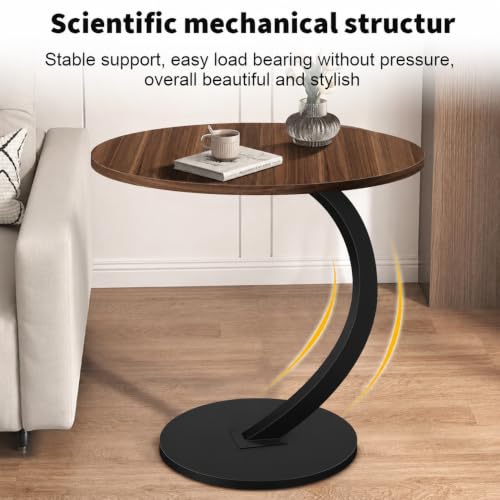 Image of KRISHYAM Modern C-Shaped Side Table with Wooden Round Top & Metal Base | Sofa End Table for Living Room, Bedroom & Office | Walnut Finish Top with Black Metal Stand