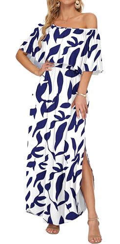 Image of AUSELILY Womens Off Shoulder Ruffle Split Summer Maxi Dresses with Pockets | Off-shoulder Ruffle dress with empire waist & side split for summer beach and casual parties