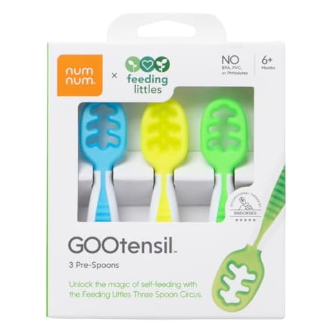 NumNum Baby Spoons Set, Feeding Littles x Silicone Pre-Spoon GOOtensils for Kids Aged 6+ Months - First Stage, Baby Led Weaning (BLW), Teething Spoon - Toddler Utensils - 3 Spoons, Neon Cover