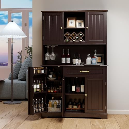 Image of Gizoon Kitchen Hutch Cabinet Kitchen Hutch Storage Cabinet Tall Pantry Coffee Bar with Storage for Dining Room and Craft Room, Painted Dark Brown