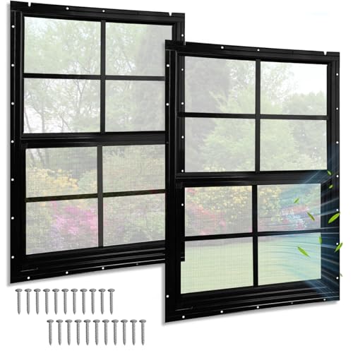 2 Pack 18\" W x 27\" H Shed Windows, Flush Mount Black Window with Tempered Glass and Fiberglass Screen, Sliding Windows with Screws for Sheds, Chicken Coop, Playhouse Garbage Room