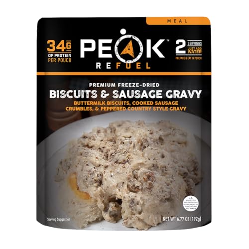 Peak-Refuel-Biscuits-and-Gravy-Premium-Freeze-Dried-Camping-Food-Backpacking-Hiking-MRE-Meals-Just-Add-Water-100-Real-Meat-34g-of-Protein-2-Serving-Pouch-2-Serving-Pouch
