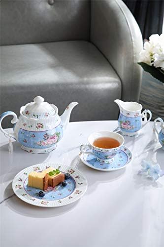 London Boutique Cup and Saucer Set Afternoon Tea Set New Bone China Vintage Flora Rose Porcelain Gift Box (Rose Blue 1pc Set)