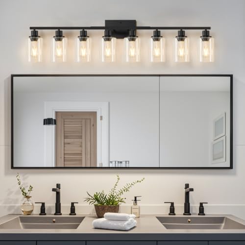 Image of MOKATNG 8-Light Bathroom Light Fixtures, Vanity Light with Clear Glass Shades, Matte Black Bathroom Light Fixtures Over Mirror, Modern Bathroom Wall Lamp for Mirror Living Room Cabinet Bedroom