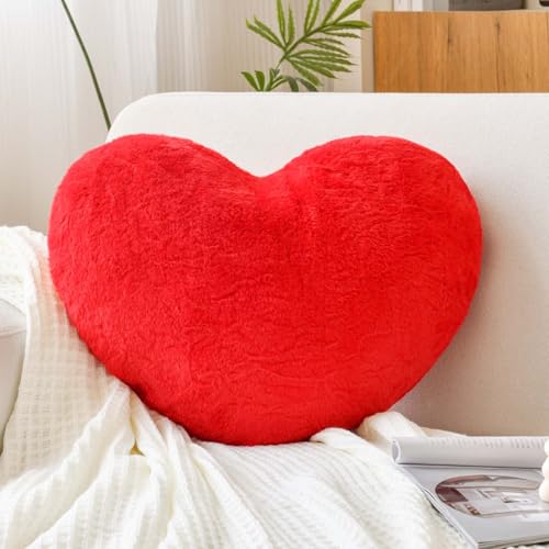 XVTRU Red Heart Pillows, Cute Heart Decorative Pillow, Heart Shaped Throw Pillows for Bed, Faux Rabbit Fur Plush Hoom Decor Pillow Cushion for Chair Sofa Living Room (Mini 12.9" x 9.8")