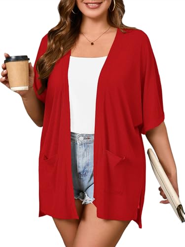 Image of AusLook Plus Size Short Sleeve Cardigan for Women Lightweight with Pockets | 100% Polyester,Elbow-Length Drop Shoulder Sleeves,Side Slit Hem,Longline Coverage,Dresses Jeans Office Travel Vacation