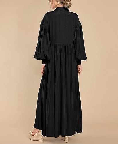Image of chouyatou Women's Casual Long Sleeve Button Down Shirt Dress Elegant Pleated Flowy Swing Maxi Dress