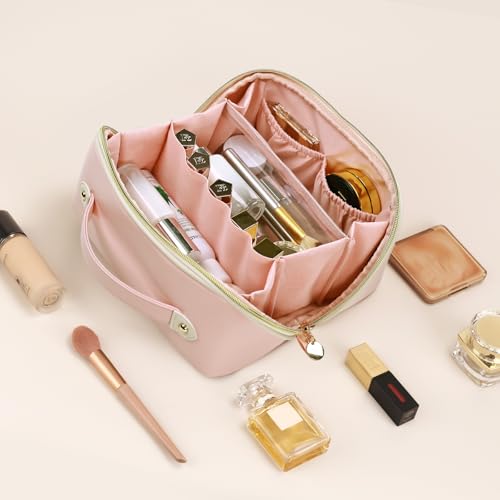 Prite Makeup Bag for Women Travel Waterproof Vegan Leather Cosmetic Bag Open Flat Toiletry Bag With Clear Divider and Handle (Large Pink Pro) — view 4