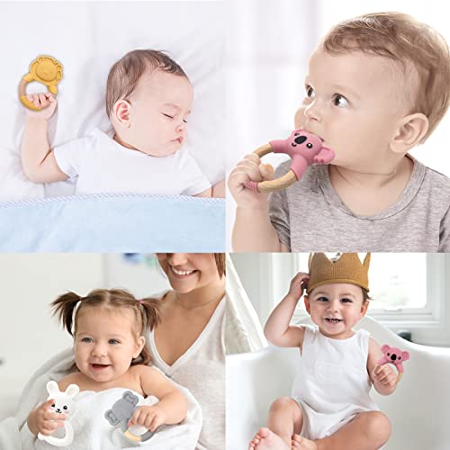 Animal Shape Baby Teething Toys, Teething Toys For Babies 12+ Months, Natural Wooden Teething Ring, Food-Grade Silicone, For Baby Teething Relief & Sensory Exploration, Easy To Grip (Elephant) #TOP3