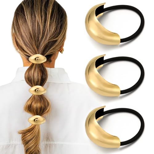 3PCS Gold Hair Ties, Metal Hair Ties for Thick Hair, Elegant Durable Geometric Design Hair Cuffs, Gold Hair Accessories Stretchy Non-Damage Ponytail Cuff Holders Holiday