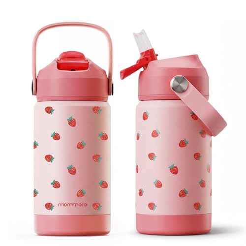 Mommore 12oz Kids Insulated Water Bottle with Straw Lid, Strawberry