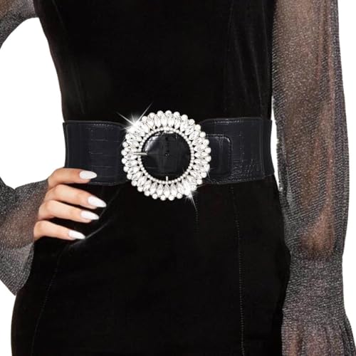 Yalice Rhinestone Wide Dress Belt for Women Thick Elastic Waist Belts Fashion Black Chunky Belts for Ladies