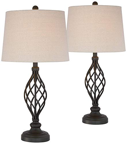 Franklin Iron Works Annie Traditional Rustic Farmhouse Table Lamps 28" Tall Full Size Set of 2 Bronze Iron Scroll Tapered Cream Drum Shade for Living Room Bedroom House Bedside Nightstand Home - Thumbnail 2