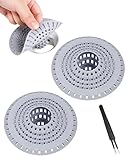 FUGLUS Filtro di scarico, 2 pezzi, in silicone, per doccia, doccia, con ventosa, universale, in silicone, per vasca da bagno, lavandino e cucina, anti-intasamento contro capelli e odori - Grigio