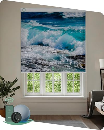 Yoolax Motorized Roller Shades with Remote, Personalized Image Printed Smart Blinds Work with Alexa, Automatic Shades for Windows Bedroom Office, Custom Size and Picture (Nature Sea 2)