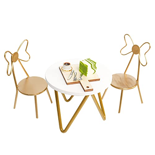 4 Pcs 1 : 12 Miniature House Bistro Set Mini Circle Coffee Table Golden Chairs Mini House Furniture Sets Afternoon Tea Fairy Garden Decor #TOP16
