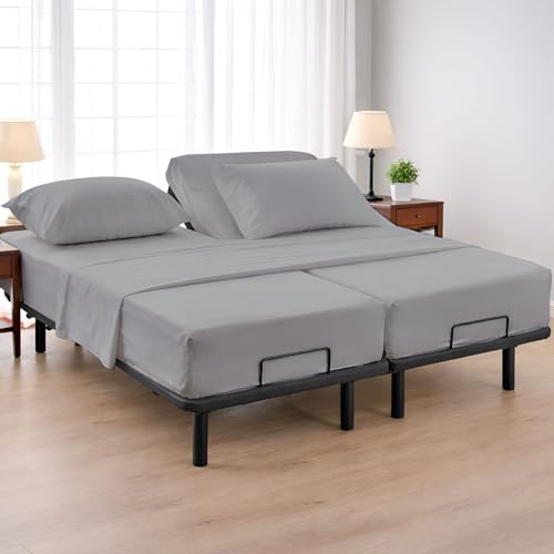 Split California King Sheets 5 Pieces-Split California King Sheets Sets for Adjustable beds-400 TC 100% Cotton Split Bed Sheet Set with 2 Fitted Sheet, 1 Flat Sheet and 2 Pillow Case(Light Grey Solid)
