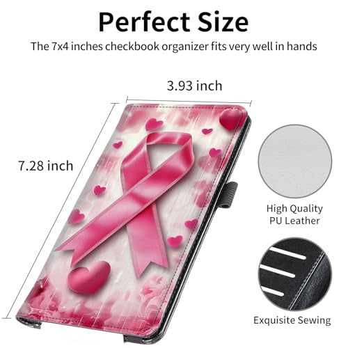 Image of FUYOCWE Checkbook Covers for Personal Checkbook,RFID Blocking Leather Check Book Covers Wallet with Pen Holder & Card Slot for Women -Pink Ribbon Breast Cancer Awareness
