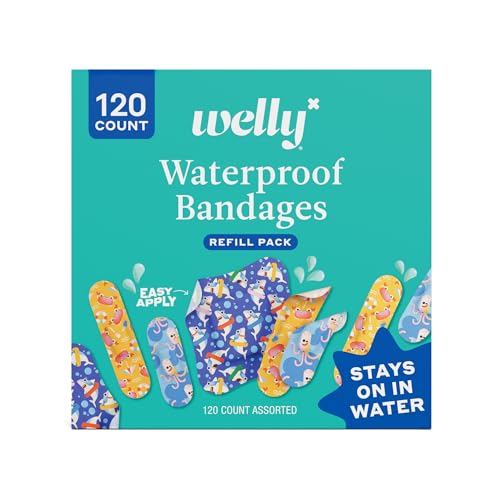 Welly Bandage Ocean Friends Refill Pack | Splashflex Adhesive Flexible Waterproof Bandages | Assorted Shapes and Patterns for Minor Cuts Scrapes and Wounds - 120 Count
