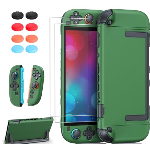 Image of FYOUNG Upgrade Switch 2 Protective Case&Screen Protector Set, Dockable Cute Cover Hard Shell Skin for Nintendo Switch 2 Console Accessories,Travel-Friendly,Kickstand Cutout(Green,for Switch 2 7.9inch)