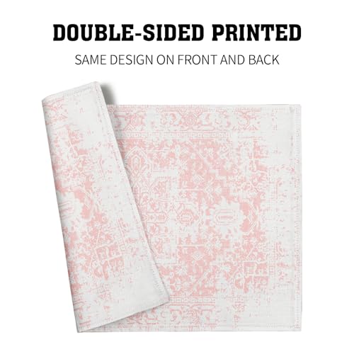 Image of Gray Pink Boho Placemats Set of 6 Ethnic Bohemian Carpet Place Mats Washable Kitchen Dining Vintage Grey Geography Floral Linen Table Mats Stain Heat-Resistant for Home Party Indoor 12x18 in