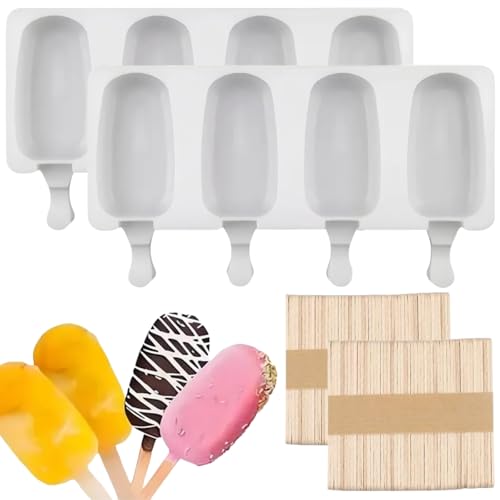 Molde Helado Silicona,2 piezas Molde Helado Con 100 Palos Madera,Moldes Paletas Chocolate,Molde Barra Helado,para Helados DIY Niños, para Chocolate Postre congelado